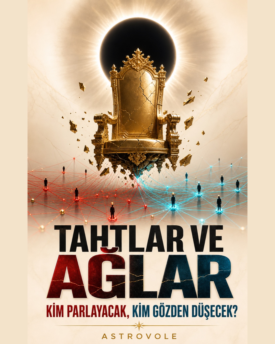 Tutulma önünde kırık altın taht ve kırmızı mavi ilişki ağlarıyla Tahtlar ve Ağlar kapağı